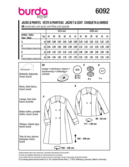 Patron Burda 6092 - Manteau, veste – double boutonnage avec grand col