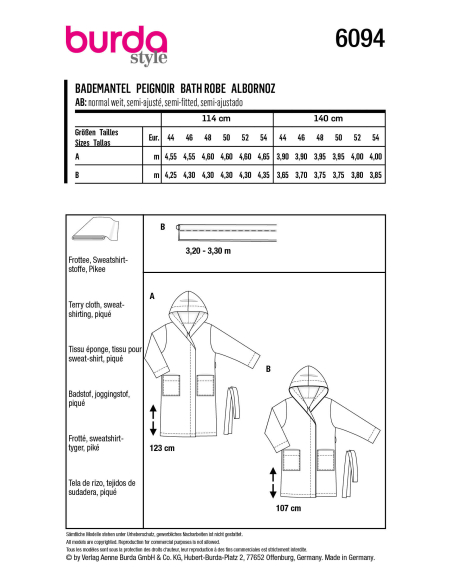 Patron Burda 6094 - Peignoir avec capuche et poches plaquées