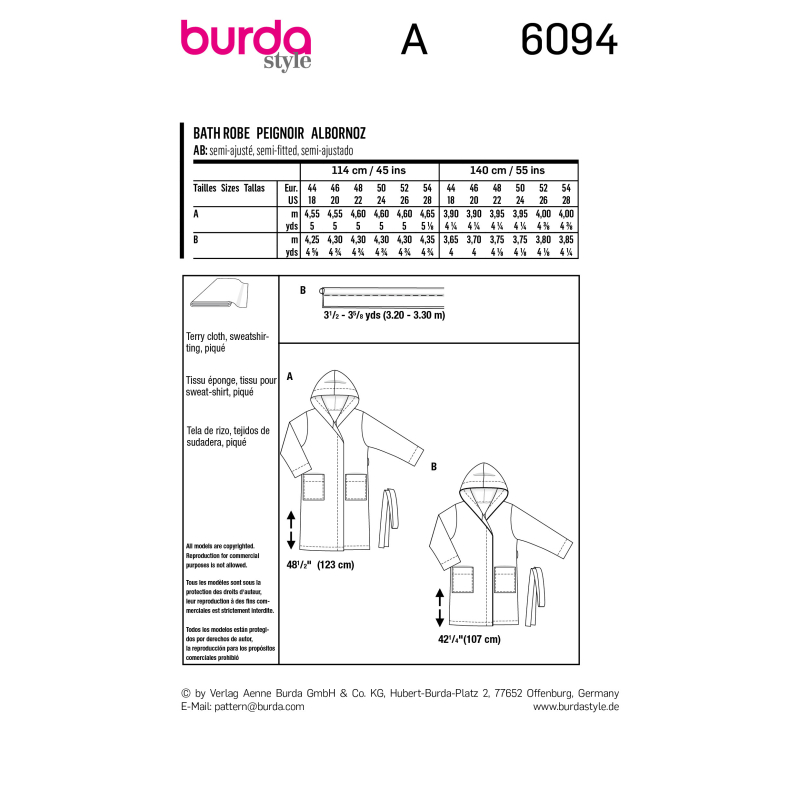 Patron Burda 6094 - Peignoir avec capuche et poches plaquées