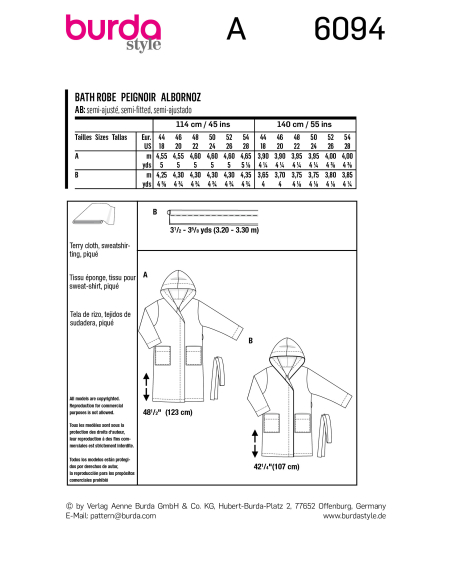 Patron Burda 6094 - Peignoir avec capuche et poches plaquées