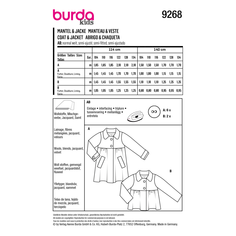Patron Burda 9268 - Manteau, veste à col Claudine