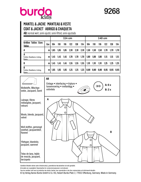 Patron Burda 9268 - Manteau, veste à col Claudine