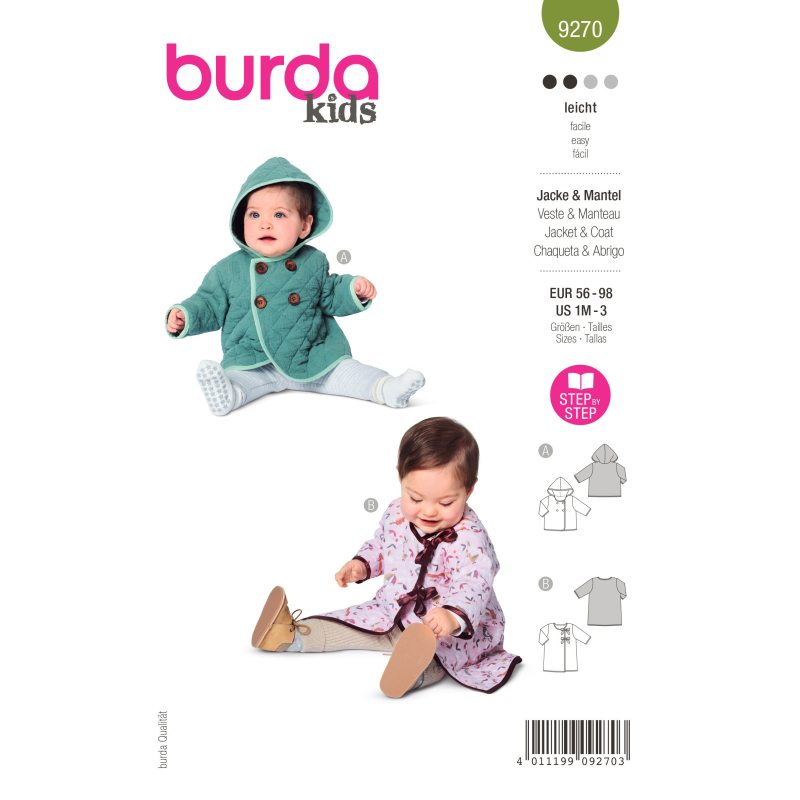 Patron Burda 9270 - Veste Bébé à capuche, manteau avec liens à nouer