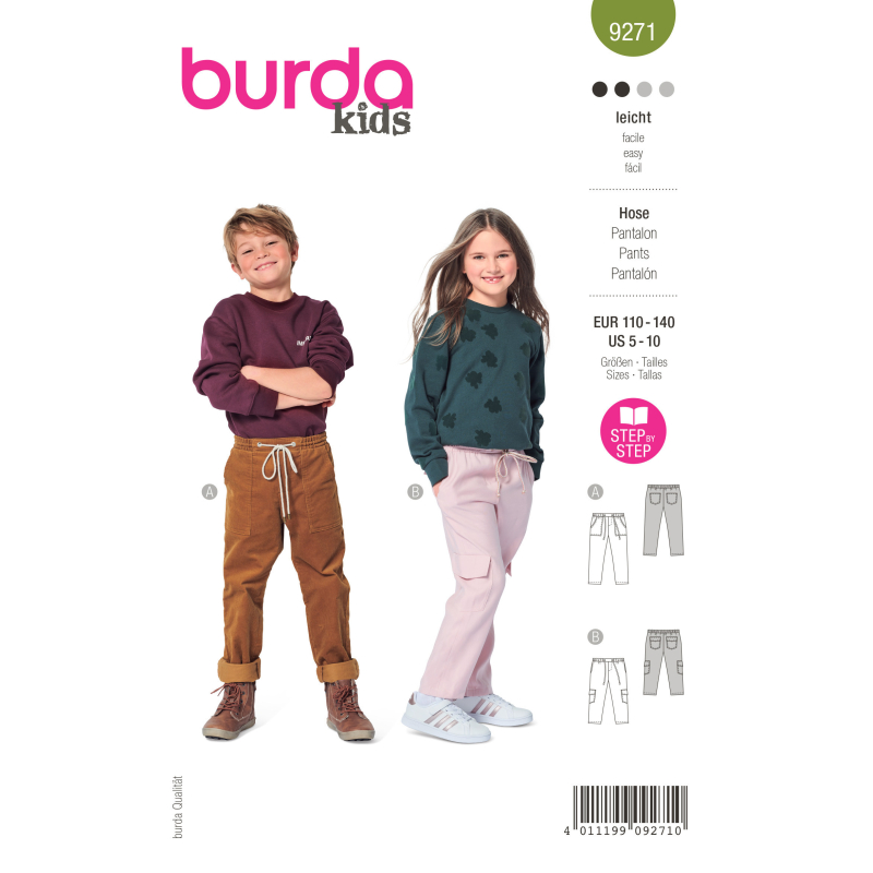 Patron Burda 9271 - Pantalon enfant mixte à coulisse élastiquée et poches plaquées
