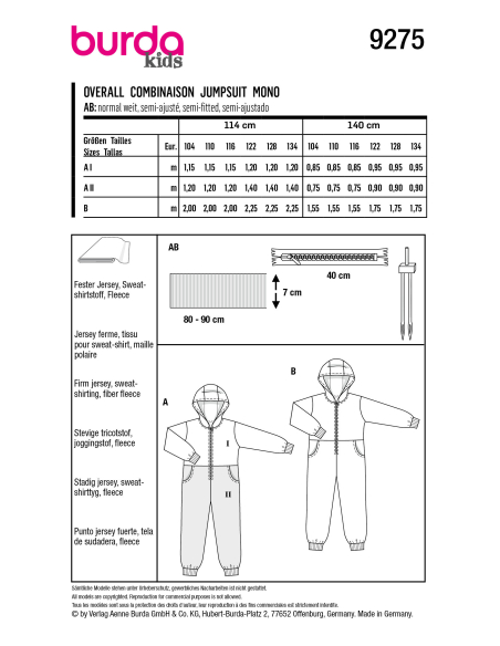 Patron Burda 9275 - Combinaison Enfant Mixte à capuche