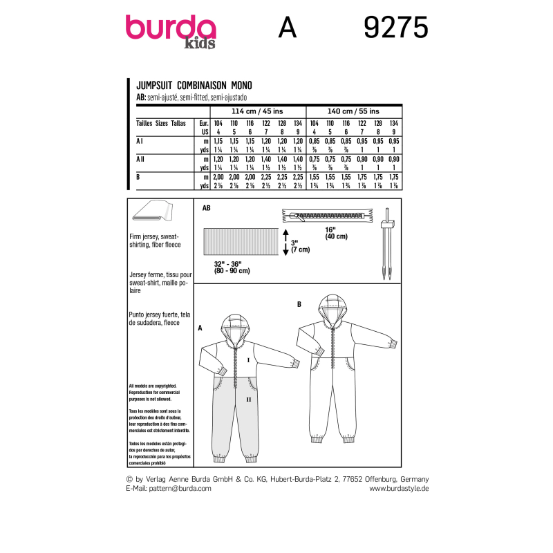 Patron Burda 9275 - Combinaison Enfant Mixte à capuche