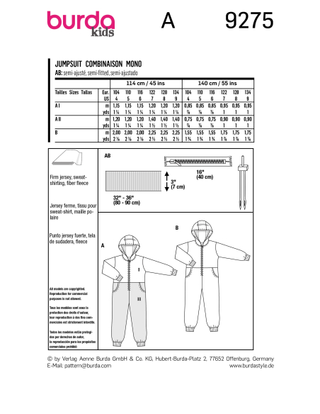 Patron Burda 9275 - Combinaison Enfant Mixte à capuche
