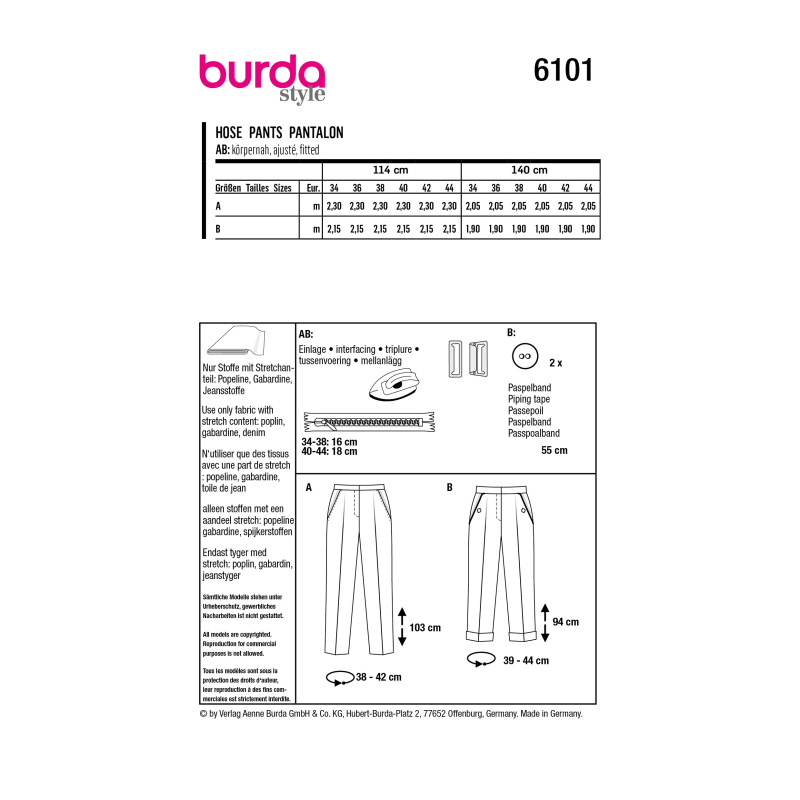 Patron Burda 6101 - Pantalons en tissu à plis permanents