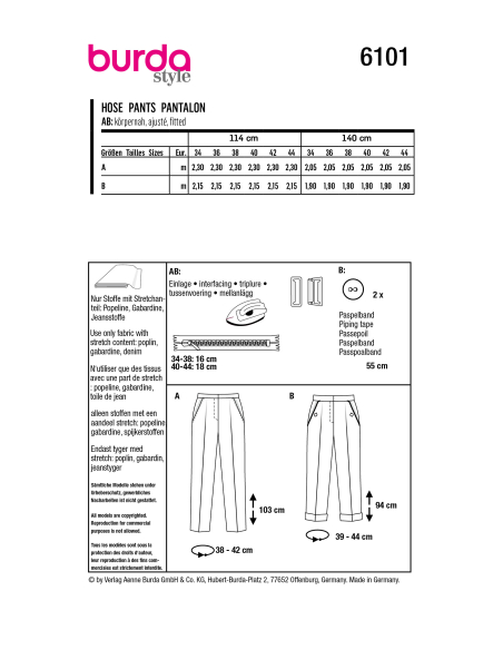 Patron Burda 6101 - Pantalons en tissu à plis permanents