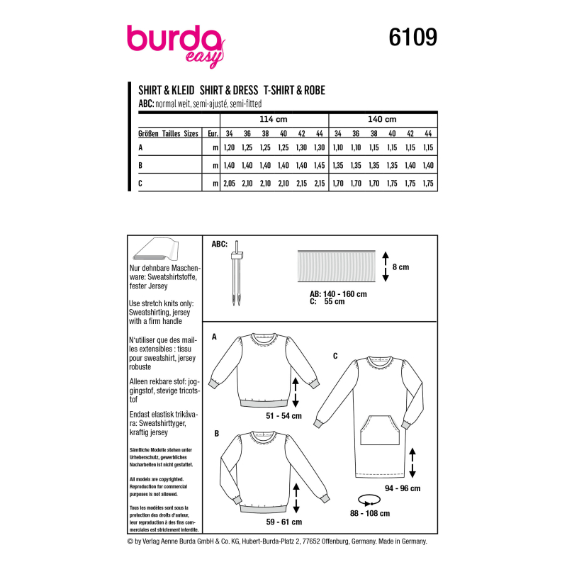 Patron Burda 6109 - Sweat-Shirts ou Robe en maille ou jersey