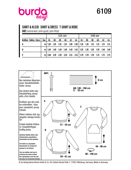 Patron Burda 6109 - Sweat-Shirts ou Robe en maille ou jersey