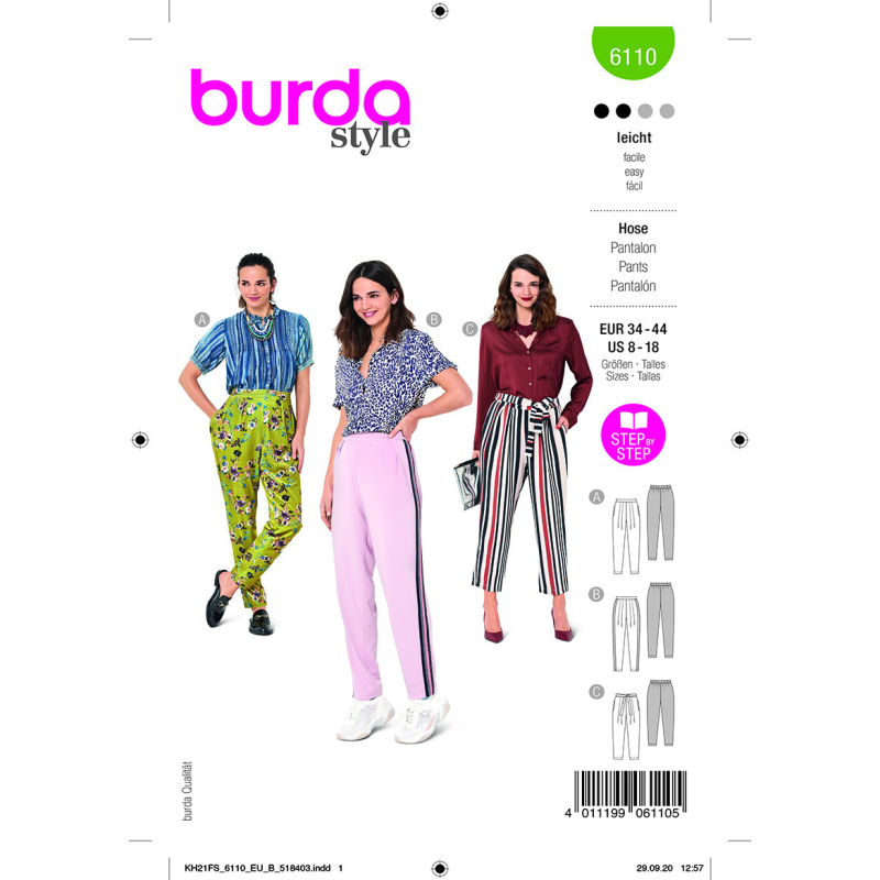 Patron Burda 6110 - Pantalons à pinces, variations de longueurs