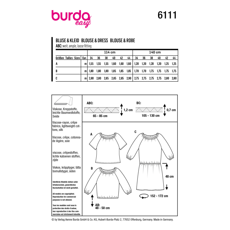 Patron Burda 6111 - Blouses lâches, encolure Carmen