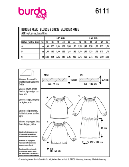 Patron Burda 6111 - Blouses lâches, encolure Carmen