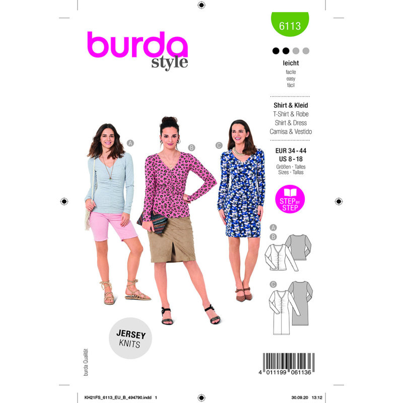 Patron Burda 6113 - T-Shirt et robe encolure V, cintrés avec superbe drapé