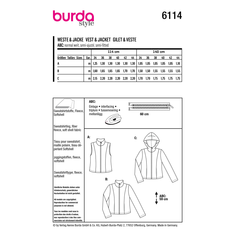 Patron Burda 6114 - Gilet ou Veste col montant ou a capuche