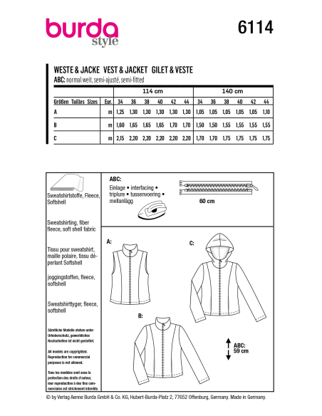 Patron Burda 6114 - Gilet ou Veste col montant ou a capuche