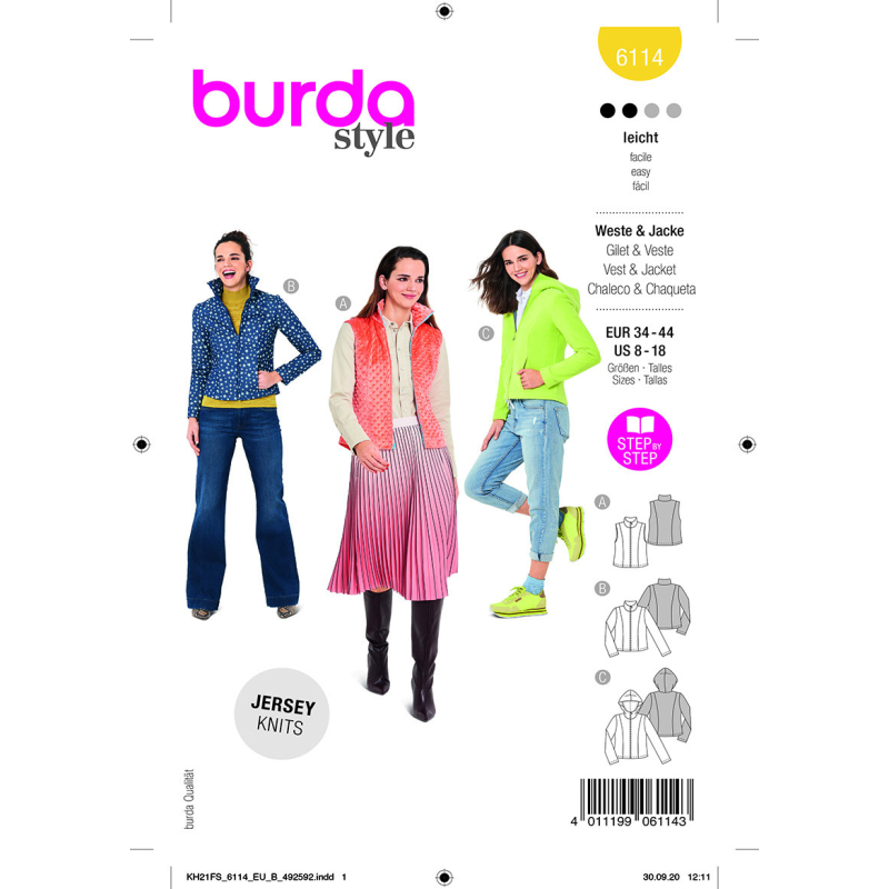 Patron Burda 6114 - Gilet ou Veste col montant ou a capuche