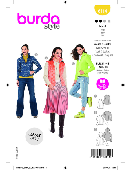 Patron Burda 6114 - Gilet ou Veste col montant ou a capuche