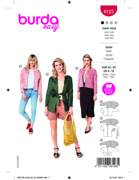 Patron Burda 6123- Veste sans col, coupe classique
