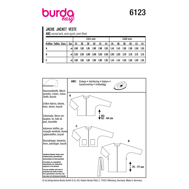 Patron Burda 6123- Veste sans col, coupe classique