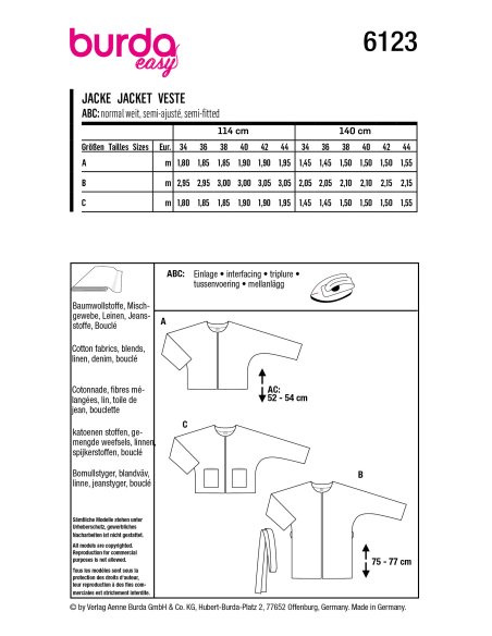 Patron Burda 6123- Veste sans col, coupe classique