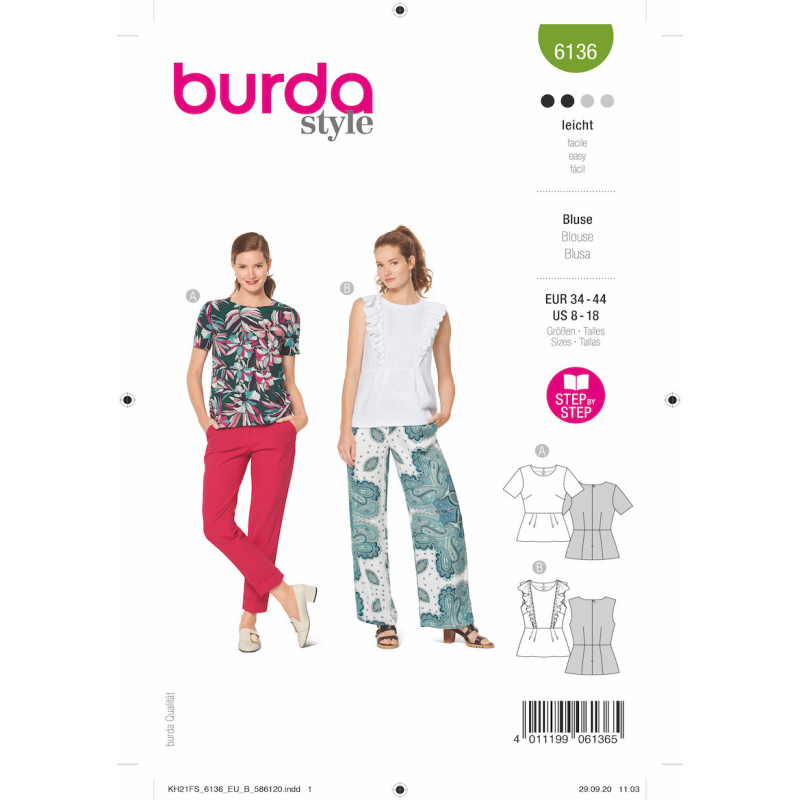 Patron Burda 6136 - Blouses à basque avec variations de manches