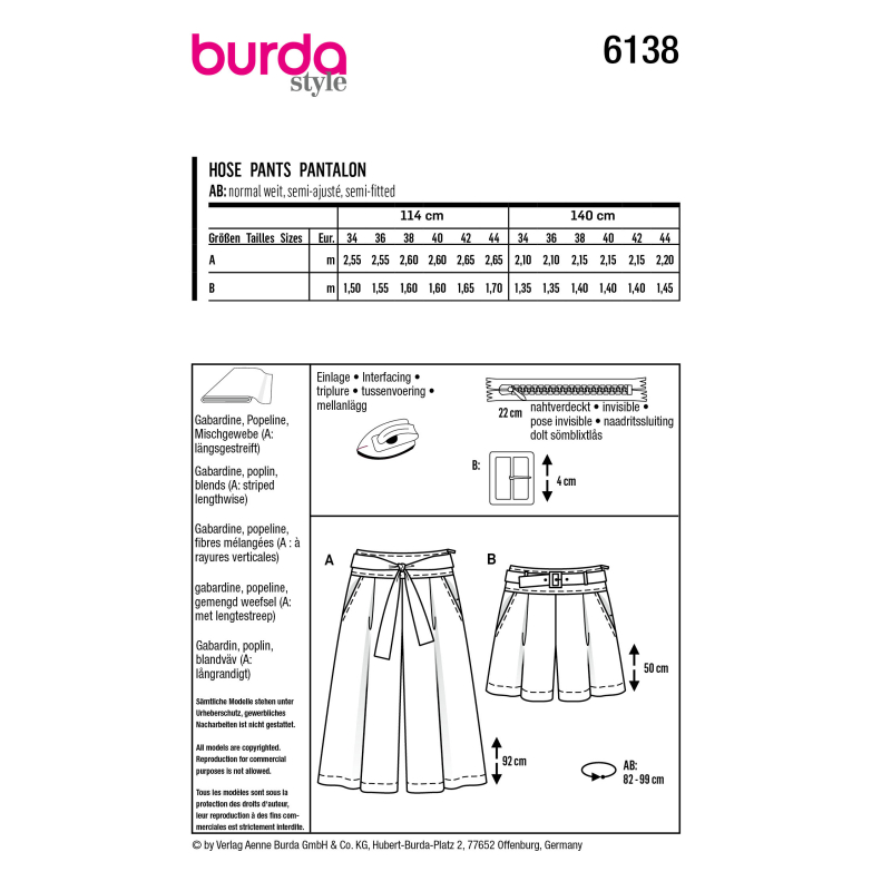 Patron Burda 6138 Jupe culotte ou short avec plis et poches sur l avant
