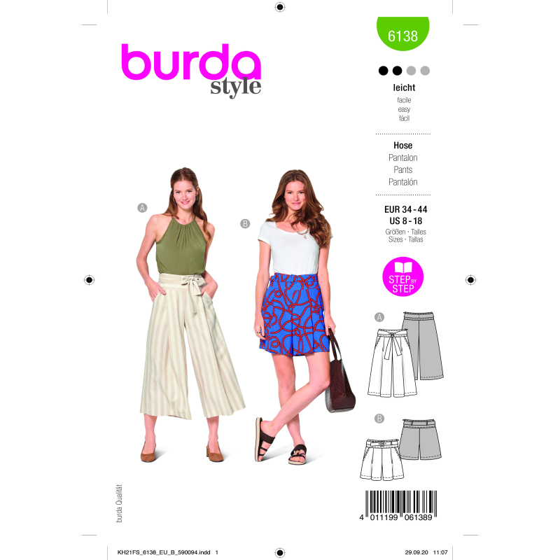 Patron Burda 6138 - Jupe - culotte ou short avec plis et poches sur l'avant