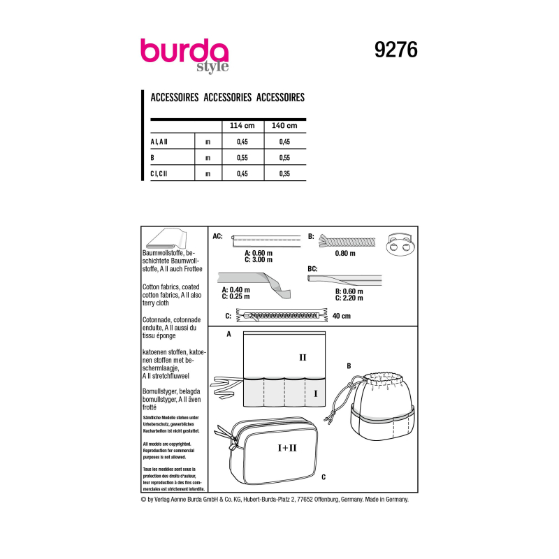 Patron Burda 9276 - 3 Accessoirs salle de bain, trousses de toilette