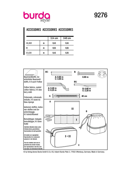 Patron Burda 9276 - 3 Accessoirs salle de bain, trousses de toilette