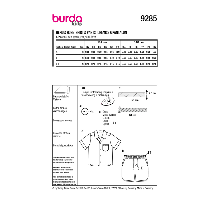 Patron Burda 9285 - Short et Chemise enfant garçon