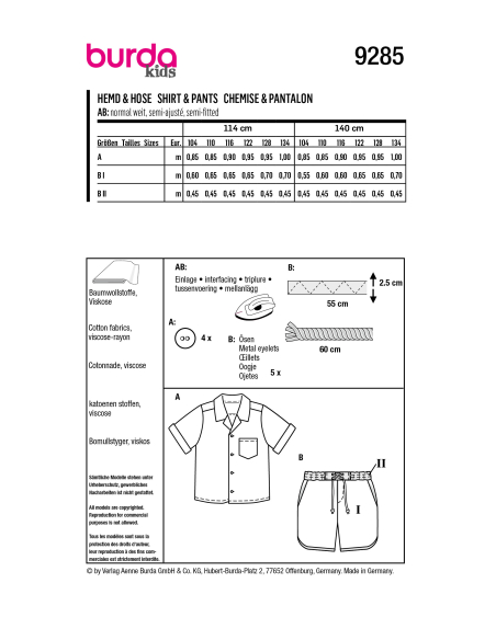 Patron Burda 9285 - Short et Chemise enfant garçon