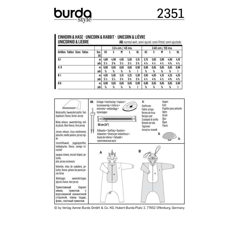 Patron Burda Carnaval 2351 - Combinaison lapin et Licorne Adulte
