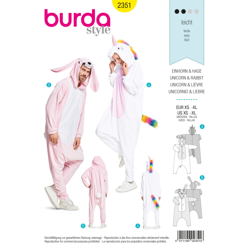 Patron Burda Carnaval 2351 - Combinaison lapin et Licorne Adulte