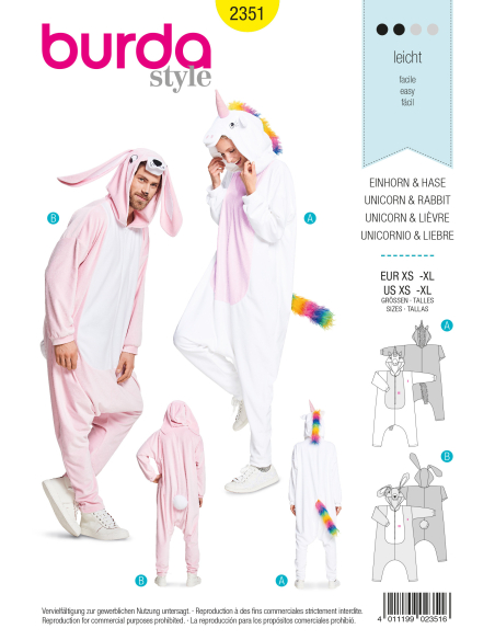 Patron Burda Carnaval 2351 - Combinaison lapin et Licorne Adulte