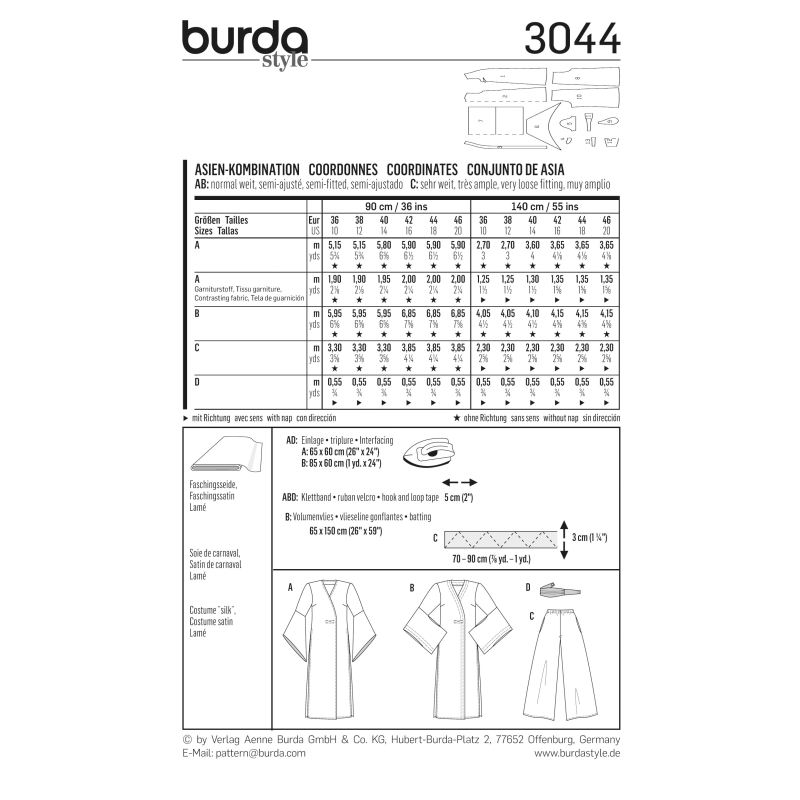 Patron Burda Carnaval 3044 - Déguisement asiatiques
