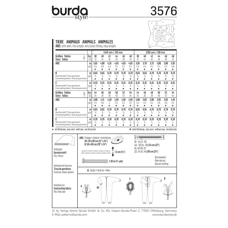 Patron Burda Carnaval 3576 - Déguisement Combinaison Animaux Adulte