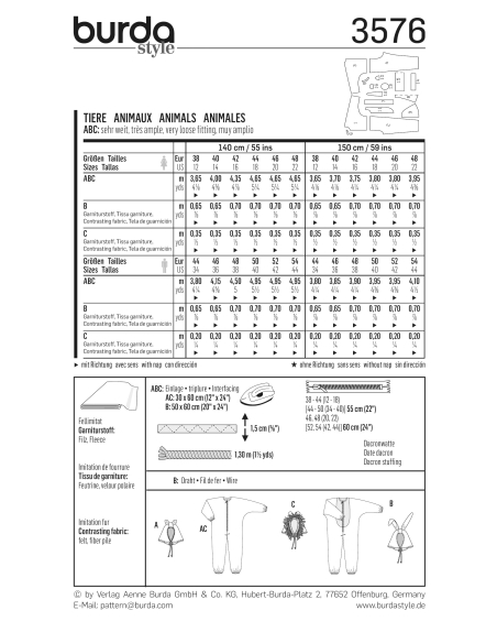 Patron Burda Carnaval 3576 - Déguisement Combinaison Animaux Adulte