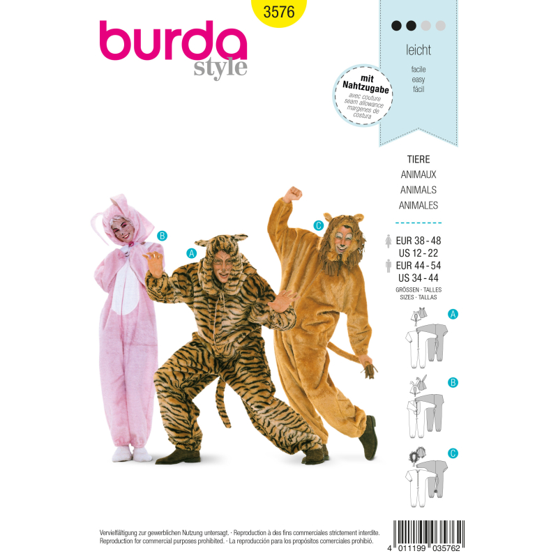 Patron Burda Carnaval 3576 - Déguisement Combinaison Animaux Adulte