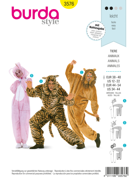 Patron Burda Carnaval 3576 - Déguisement Combinaison Animaux Adulte