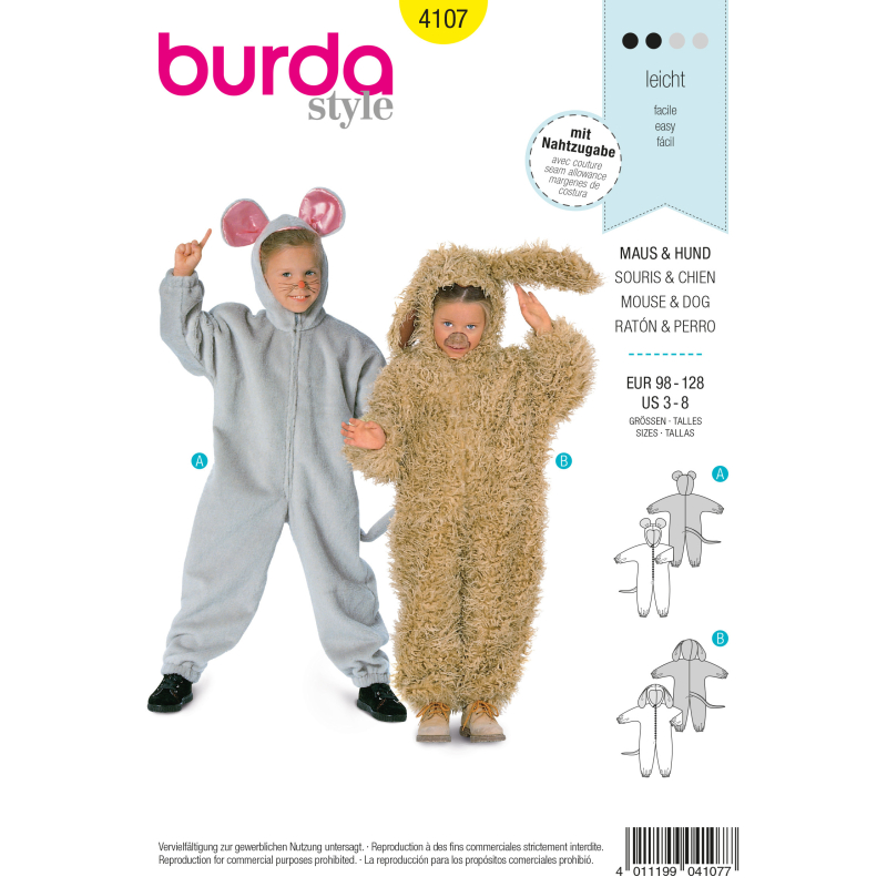 Patron Burda Carnaval 4107 - Déguisement Combinaison Souris & Chien enfant