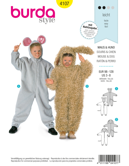 Patron Burda Carnaval 4107 - Déguisement Combinaison Souris & Chien enfant