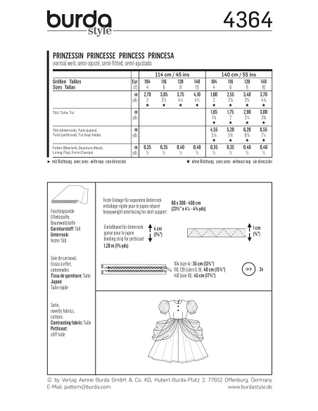 Patron Burda Carnaval 4364 - Déguisement Historique de Princesse enfant