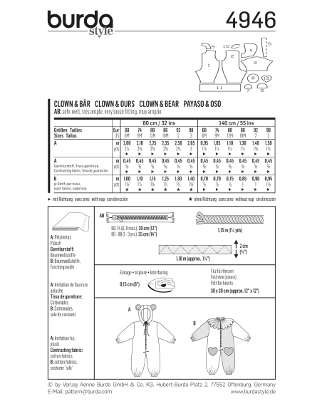 Patron Burda Carnaval 4946 - Déguisement Clown & ours bébé