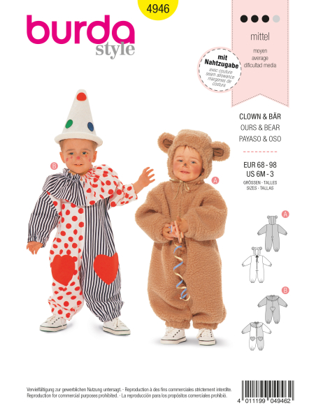 Patron Burda Carnaval 4946 - Déguisement Clown & ours bébé