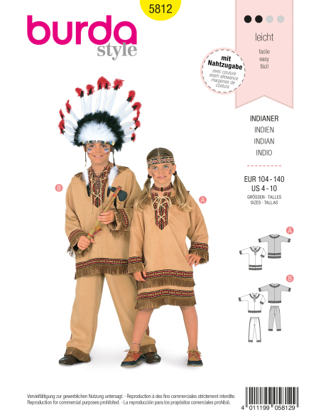 Patron Burda Carnaval 5812 - Déguisement Costume indien enfant