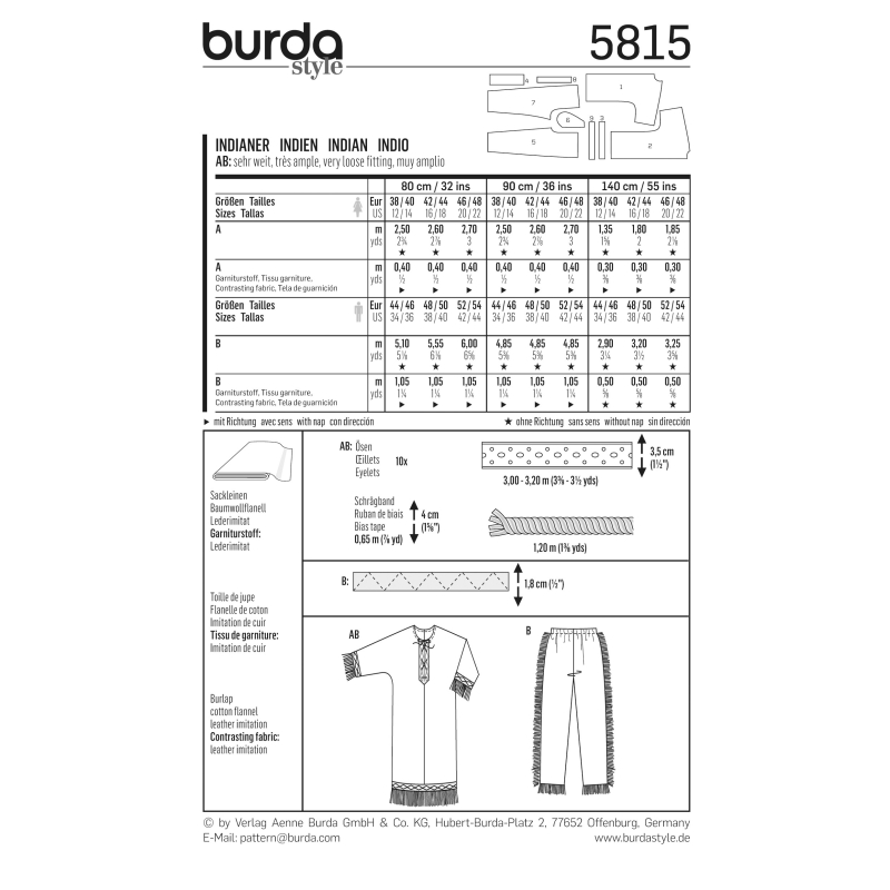 Patron Burda Carnaval 5815 - Déguisement indien Homme et Femme