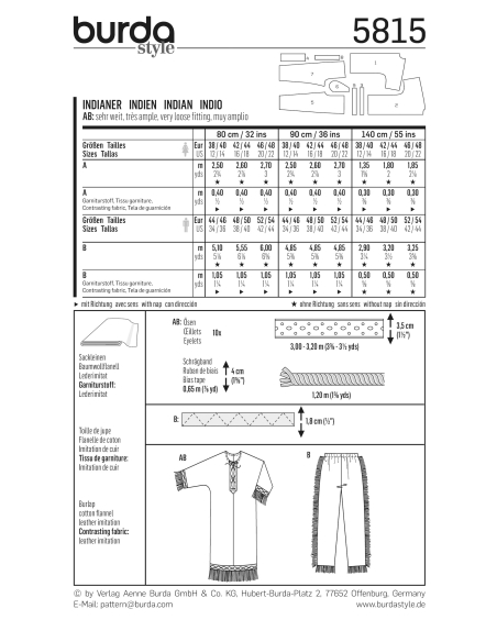 Patron Burda Carnaval 5815 - Déguisement indien Homme et Femme