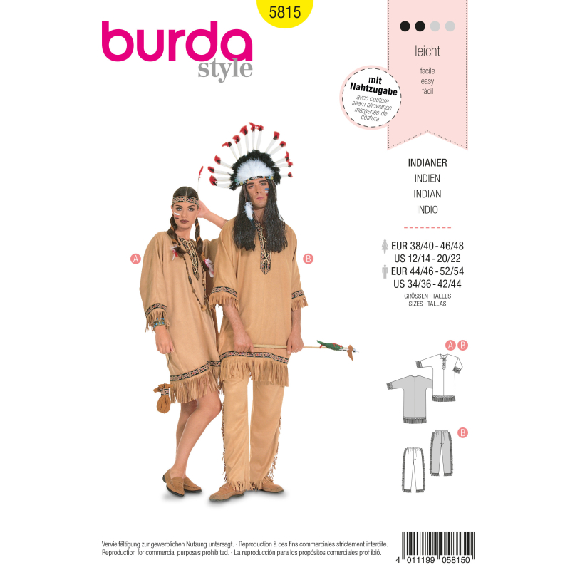 Patron Burda Carnaval 5815 - Déguisement indien Homme et Femme
